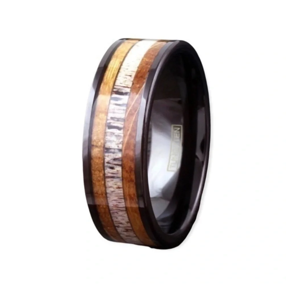 Genuine Tungsten l, Whiskey Barrel Oak & Deer Antler Ring